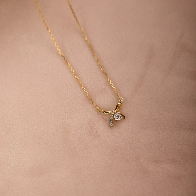 9K金 時尚蝴蝶結鑽石項鍊 兩色任選