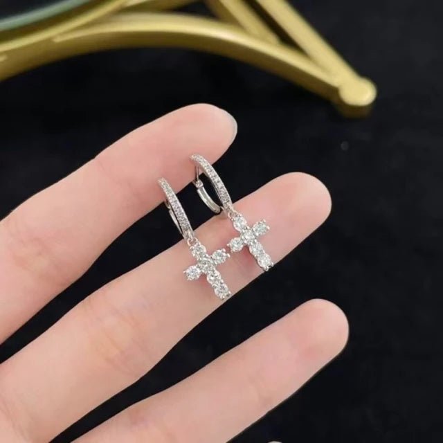 S925銀 輕奢十字架鑽石耳環 - Juyao鉅曜